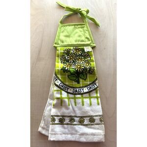 Vintage 1980s Hanging Kitchen Towel NWT Lime Green Yellow Daisy 100% Cotton